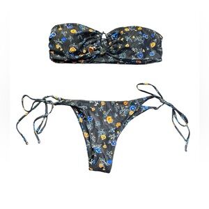 ZAFUL bandeau navy blue floral bikini set side toe cheeky bottoms NWT